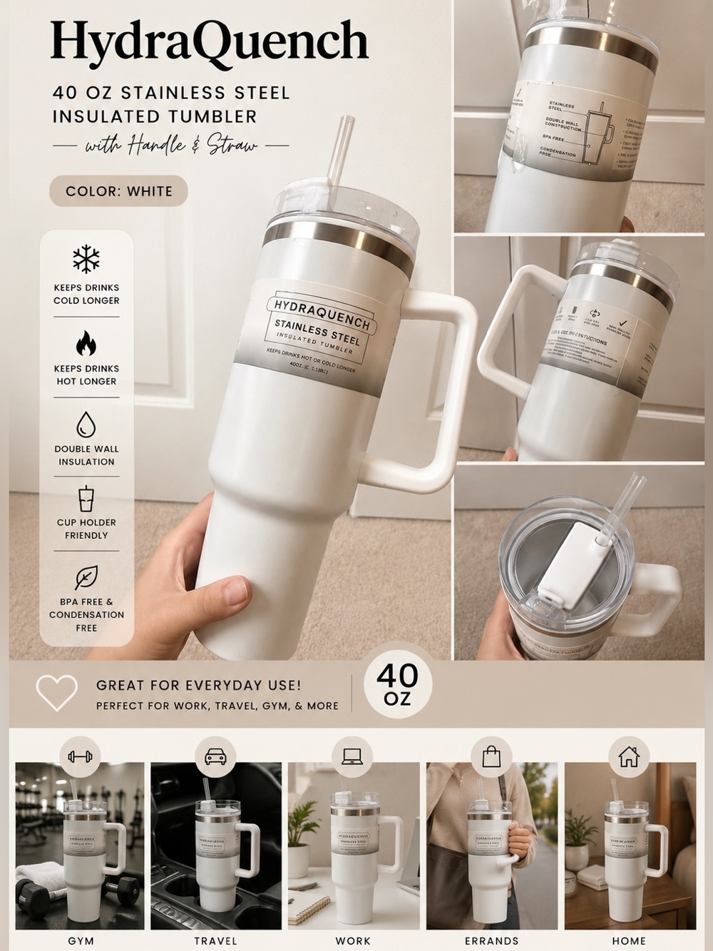 HydraQuench 40 oz Stainless Steel Insulated Tumbler w/ Handle & Straw – White